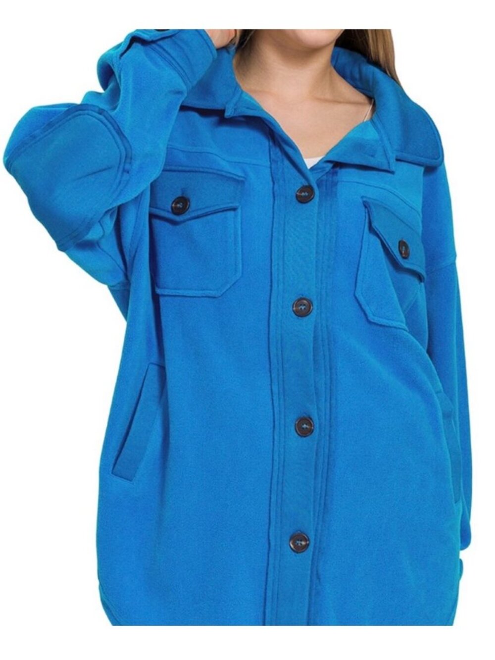 Zenana Sky Blue Fleece Shacket Button Front Oversized - Size Large (NWT)